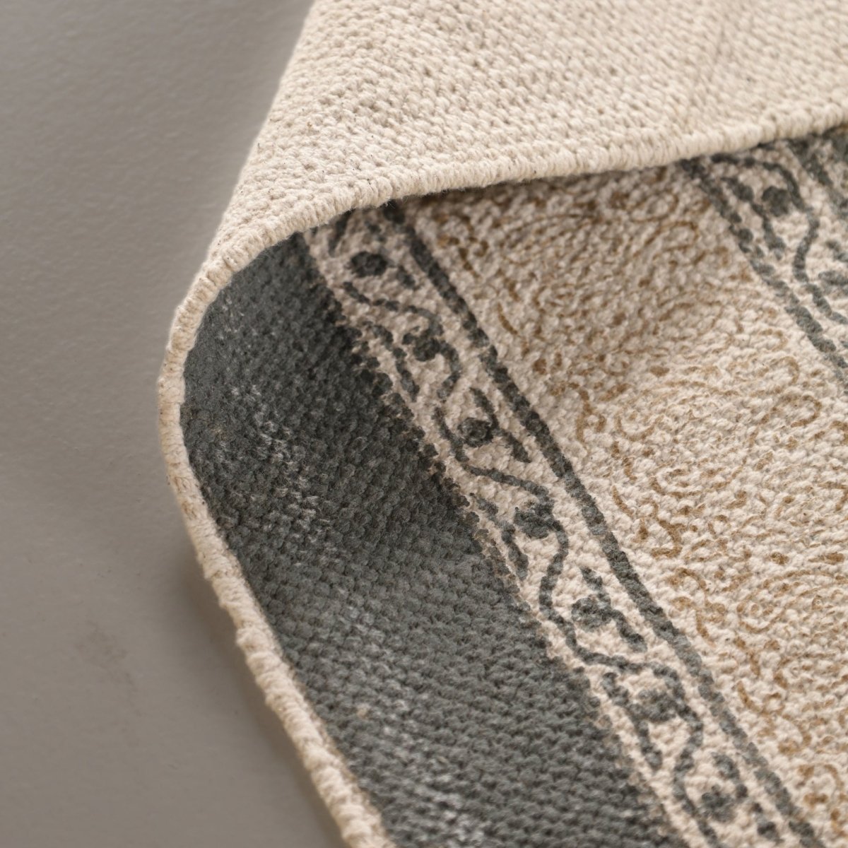 Hand block printed Cotton Floor Rug for Living Room and Bedroom  in Ivory and Charcoal Colour | Soft Washable Rug