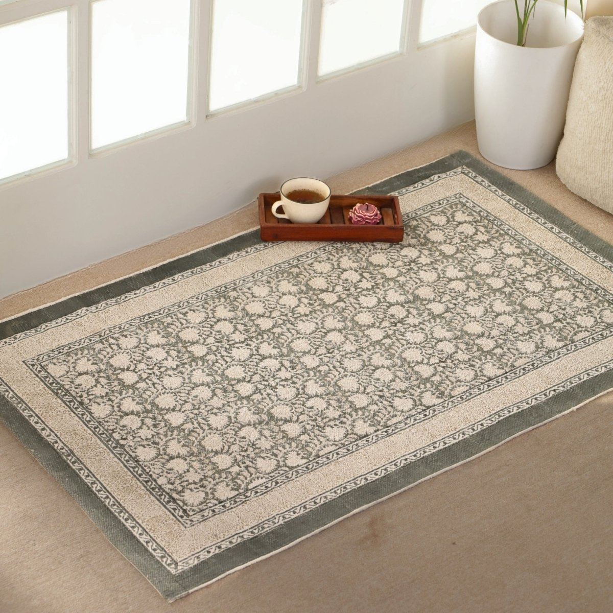 Hand block printed Cotton Floor Rug for Living Room and Bedroom  in Ivory and Charcoal Colour | Soft Washable Rug