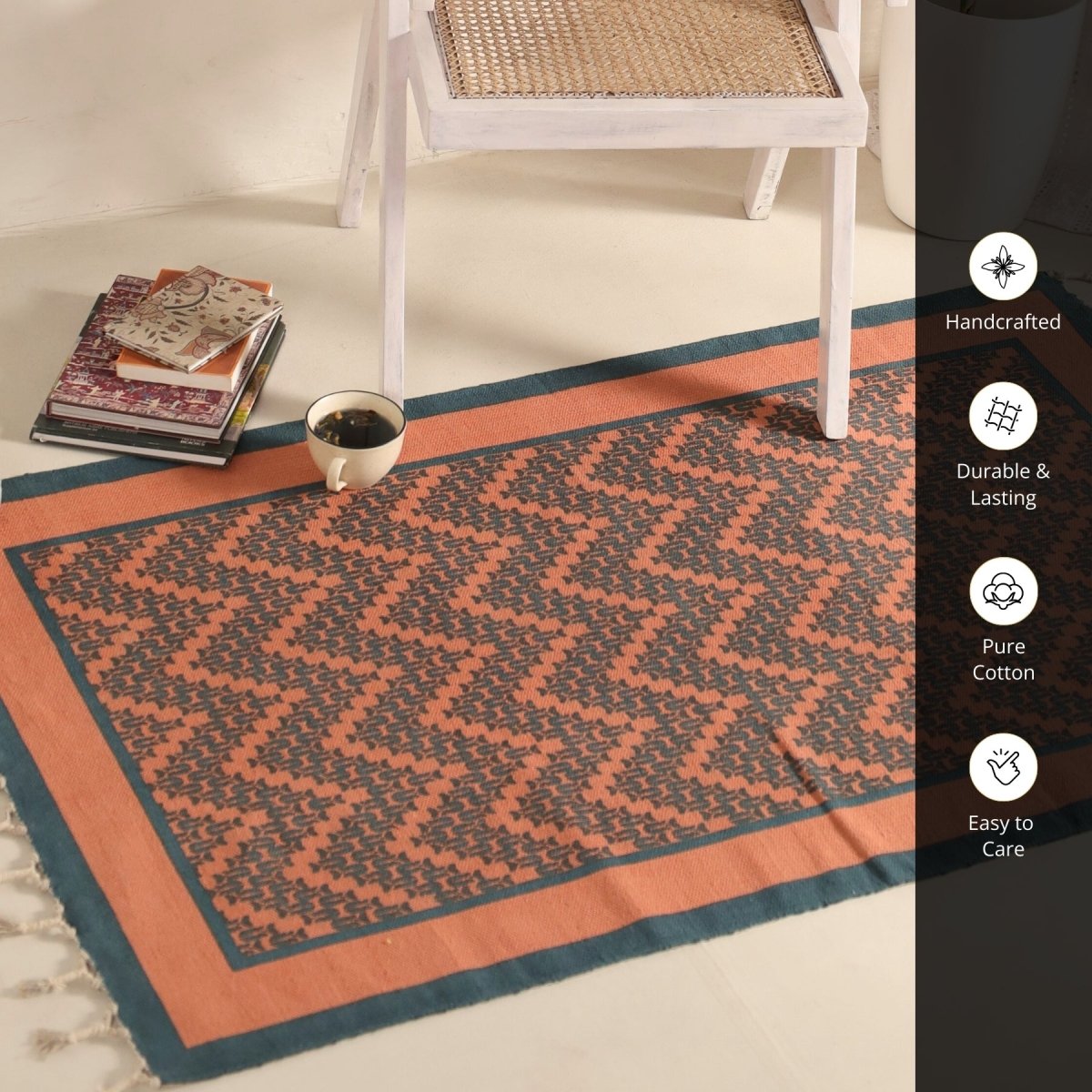Handprinted Cotton Floor Rug for Living Room and Bedroom in Teal Chevron| Soft Washable Rug