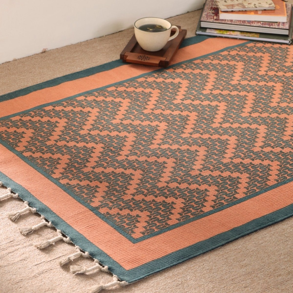 Handprinted Cotton Floor Rug for Living Room and Bedroom in Teal Chevron| Soft Washable Rug