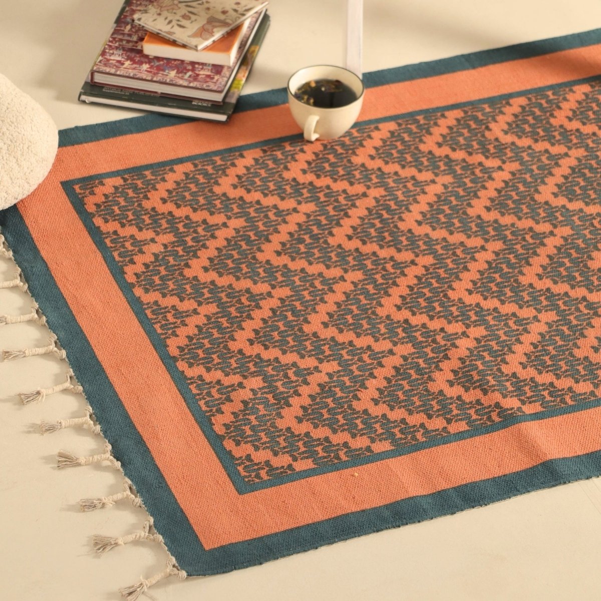 Handprinted Cotton Floor Rug for Living Room and Bedroom in Teal Chevron| Soft Washable Rug