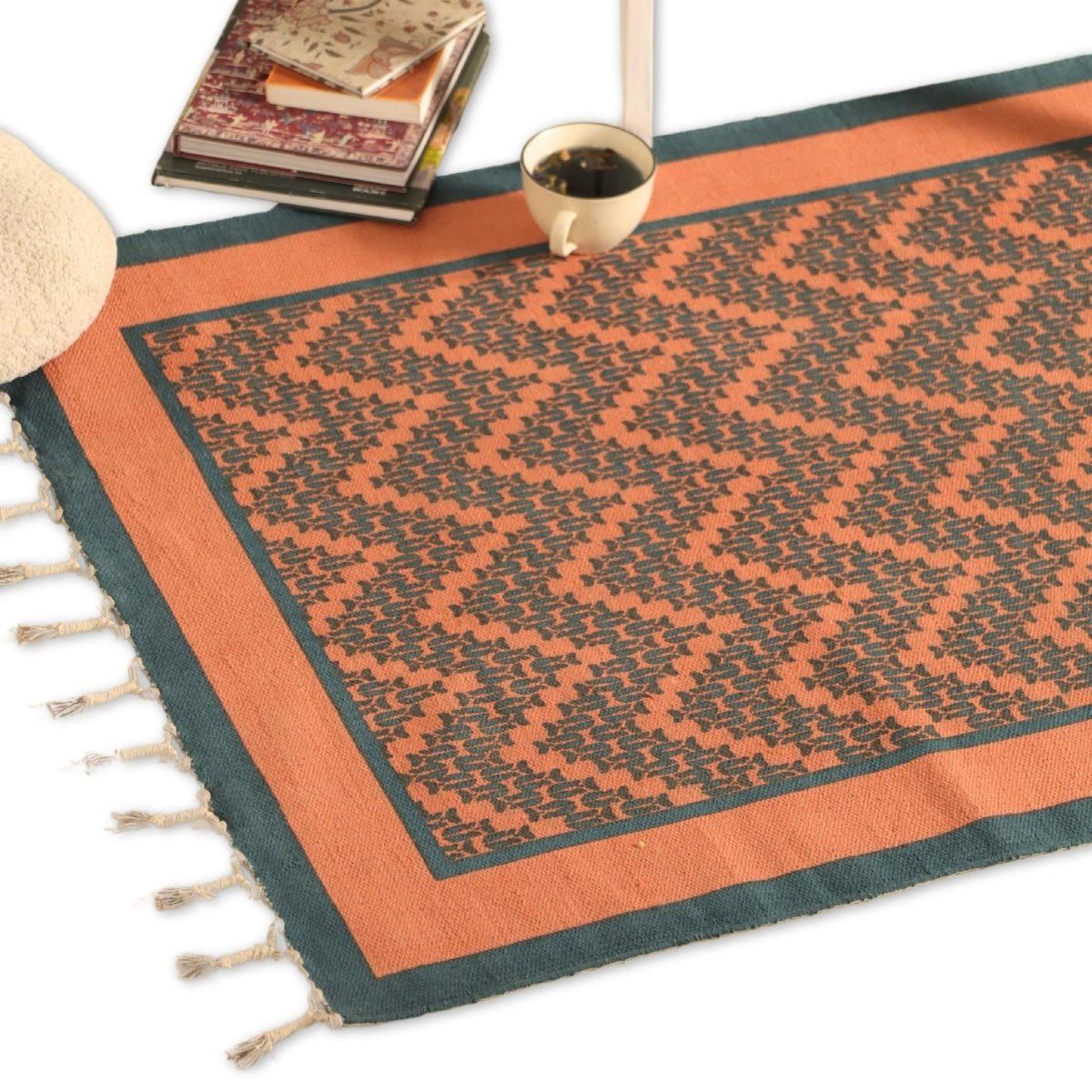 Handprinted Cotton Floor Rug for Living Room and Bedroom in Teal Chevron| Soft Washable Rug