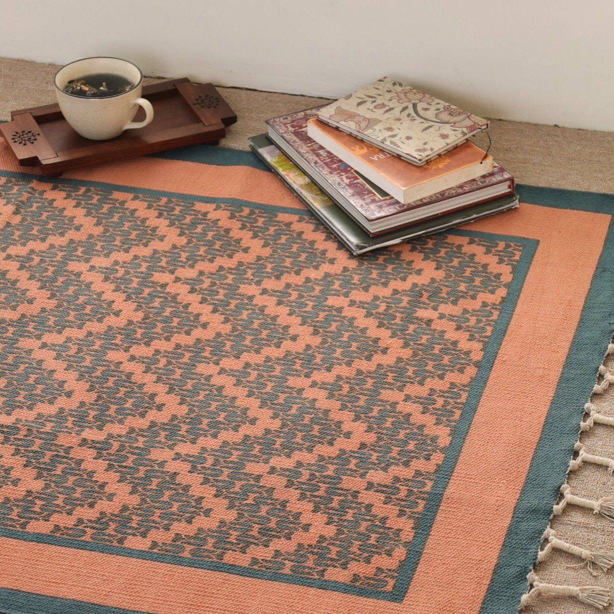 Handprinted Cotton Floor Rug for Living Room and Bedroom in Teal Chevron| Soft Washable Rug