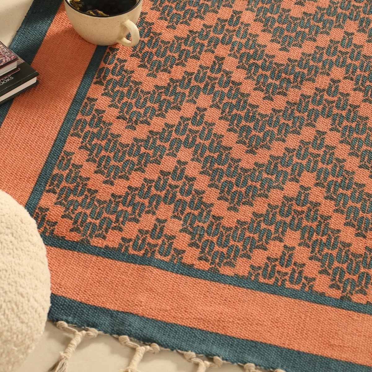 Handprinted Cotton Floor Rug for Living Room and Bedroom in Teal Chevron| Soft Washable Rug