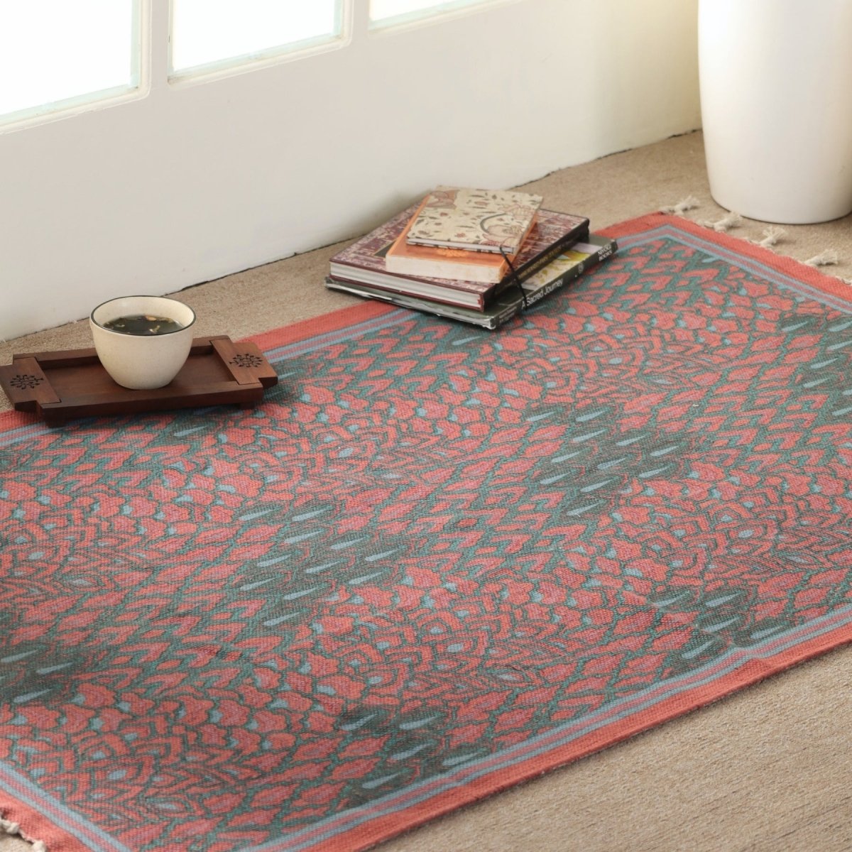 Handprinted Cotton Floor Rug for Living Room in Maroon Navy and Green Colours | Soft Washable Rug