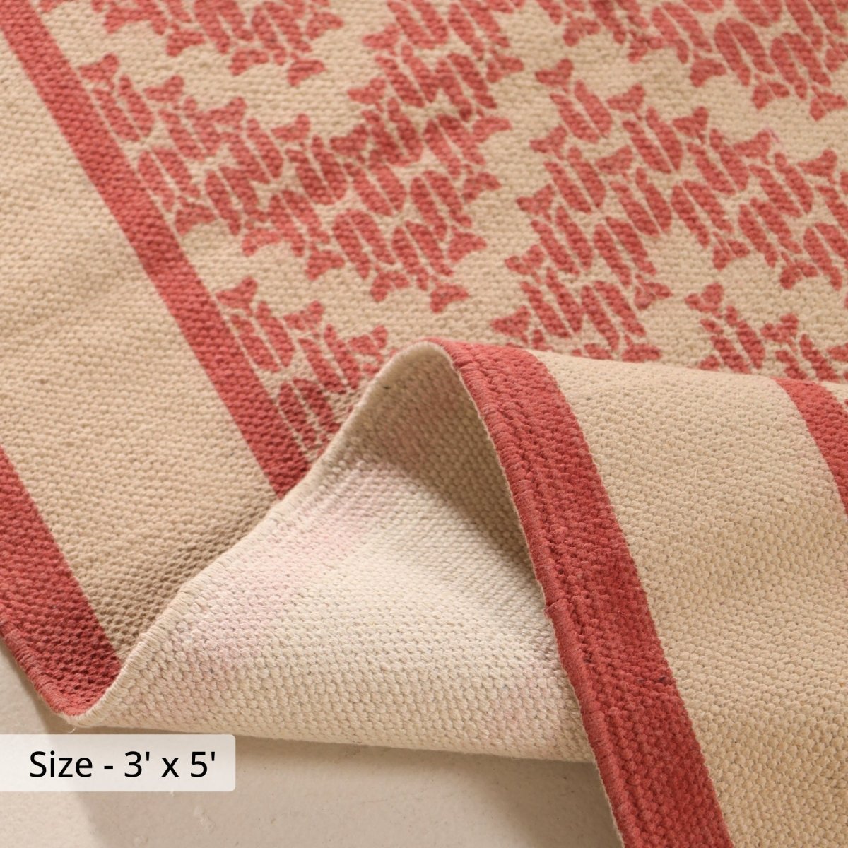 Handprinted Cotton Floor Rug for Living Room and Bedroom in ivory and coral| Soft Washable Rug