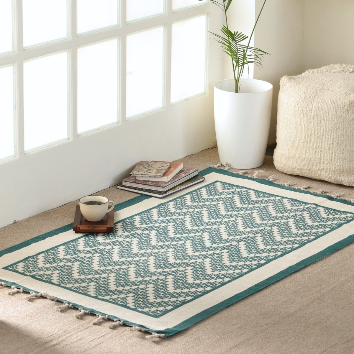 Cotton Floor Rug for Living Room and Bedroom handprinted in Ivory, Green Chevron design| Soft Washable Area Rug| 3x5 Feet
