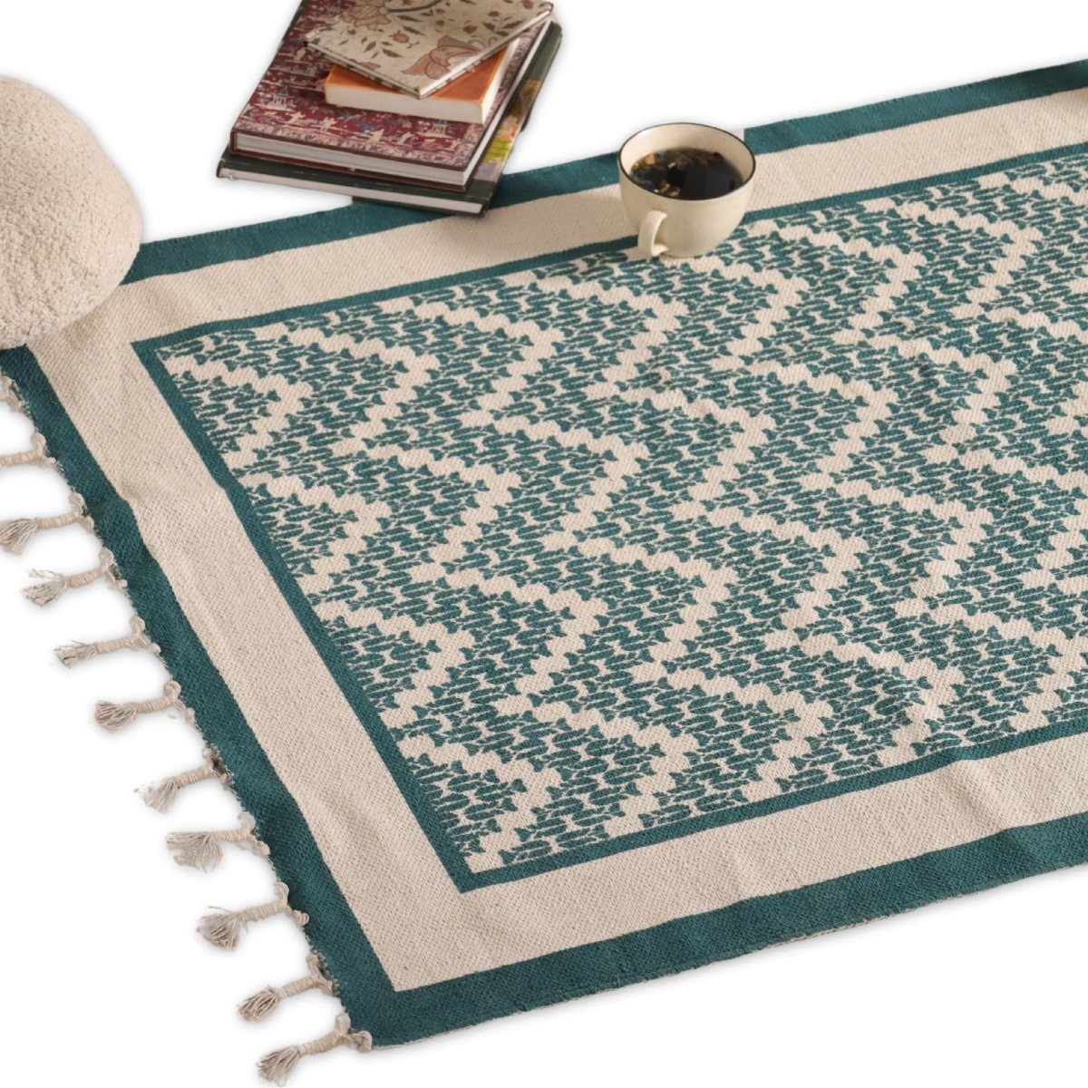 Cotton Floor Rug for Living Room and Bedroom handprinted in Ivory, Green Chevron design| Soft Washable Area Rug| 3x5 Feet