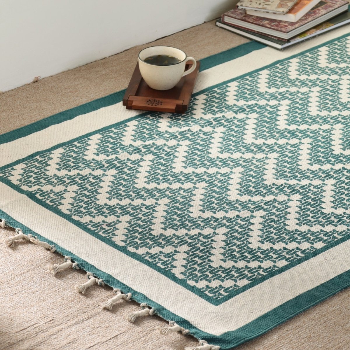 Ivory and Green Cotton Block Printed Living Room Rugs. Best as bedroom rug as well.