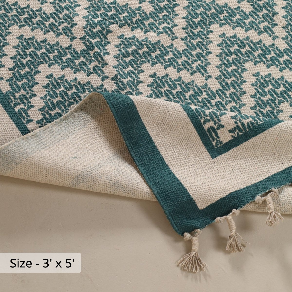 Ivory and Green Cotton Block Printed Living Room Rugs. Best as bedroom rug as well.