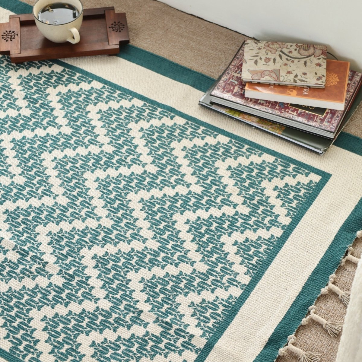 Ivory and Green Cotton Block Printed Living Room Rugs. Best as bedroom rug as well.