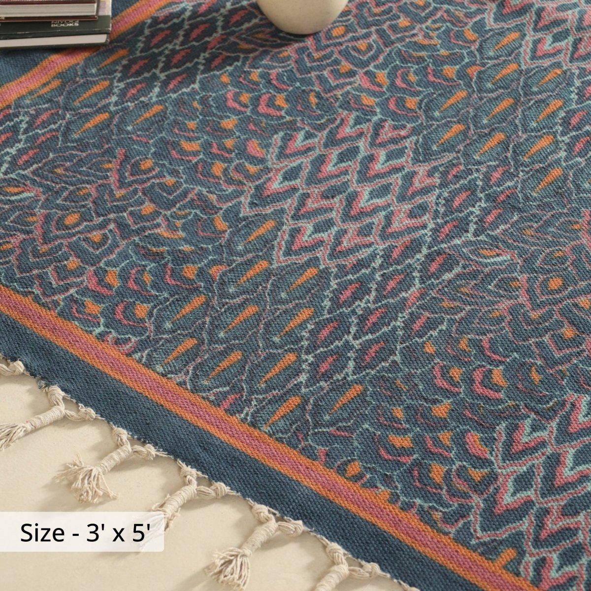 Coral and Powder Blue Cotton Block Printed Living Room Rugs. Best as bedroom rug as well.