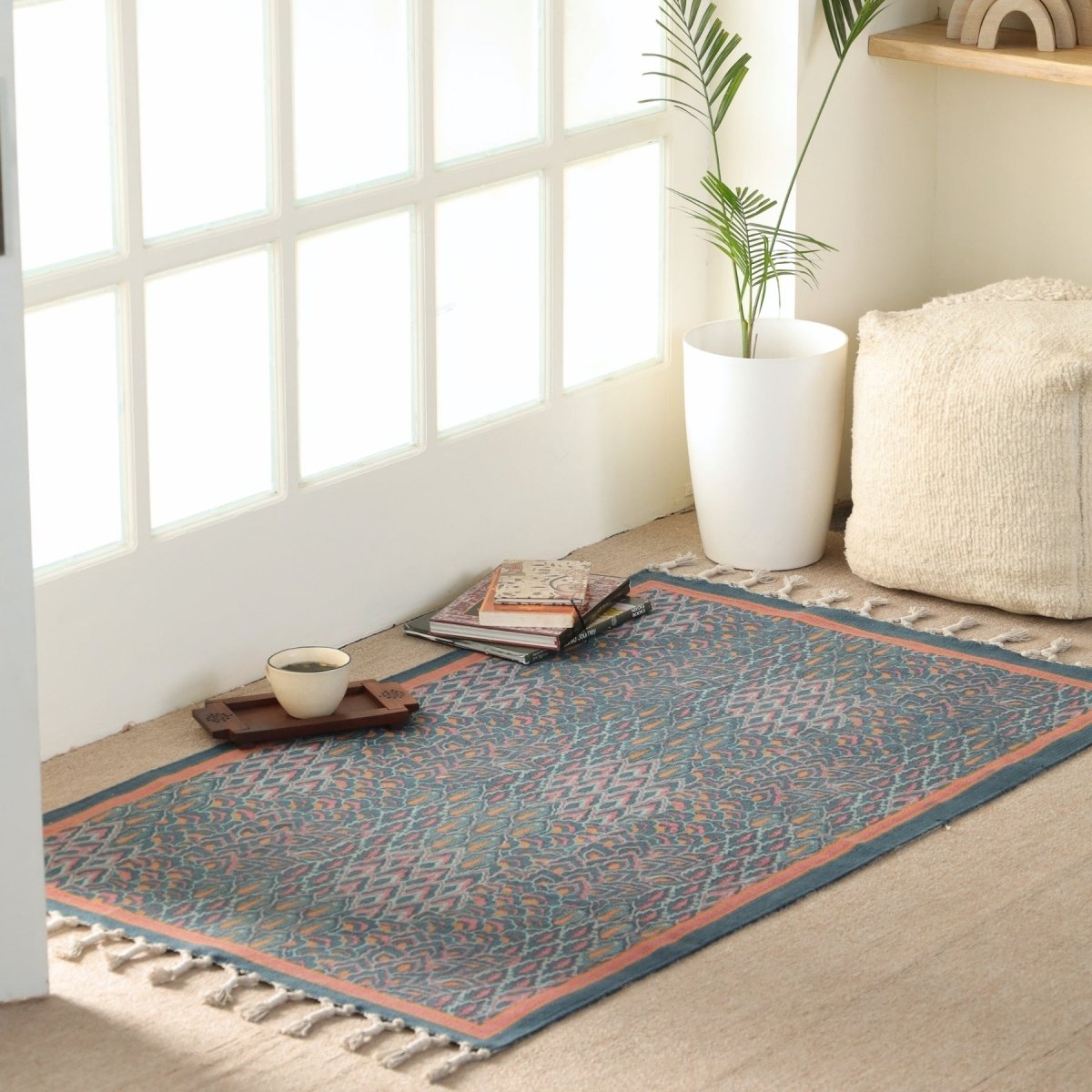 Coral and Powder Blue Cotton Block Printed Living Room Rugs. Best as bedroom rug as well.
