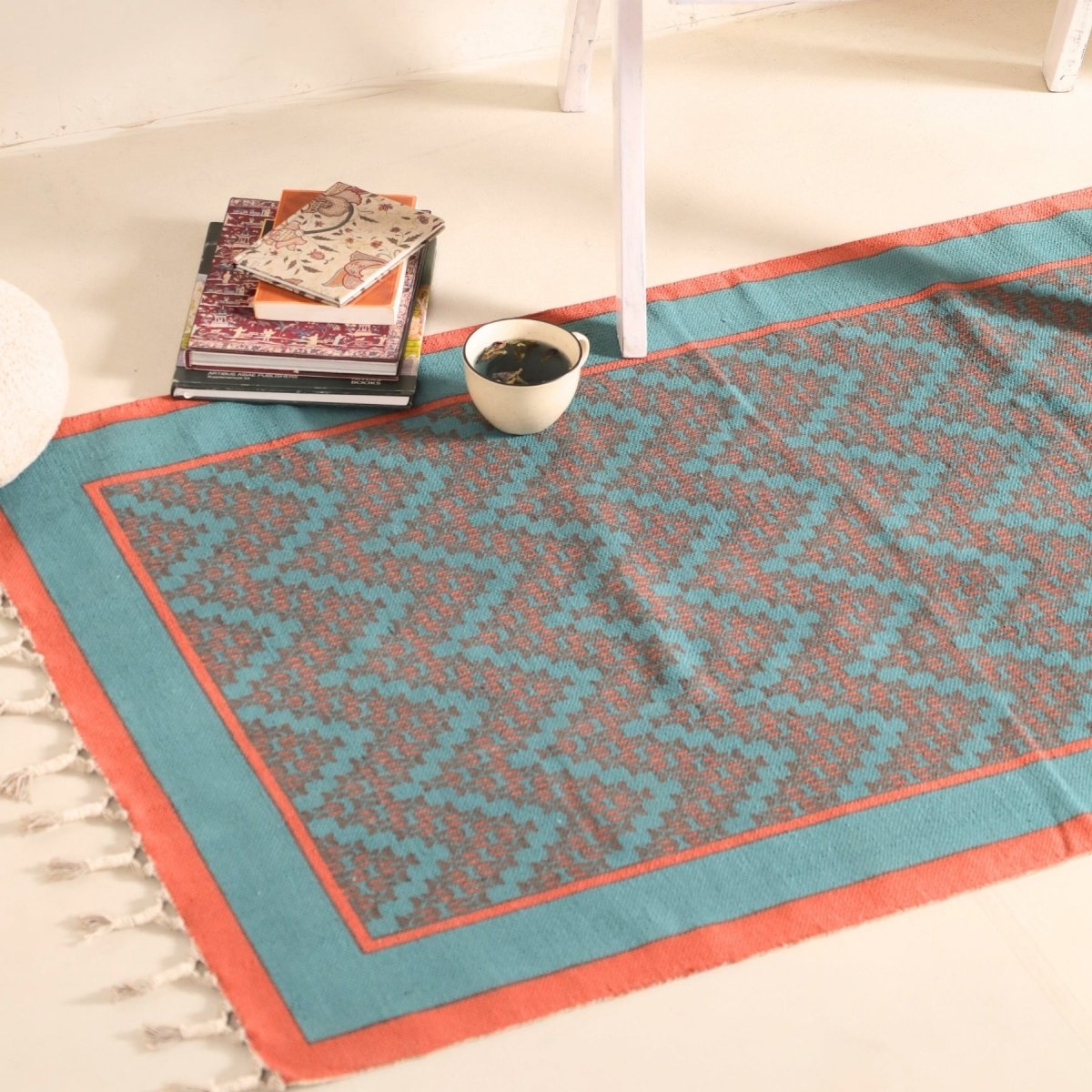 Green and Navy Cotton Block Printed Living Room Rugs. Best as bedroom rug as well.