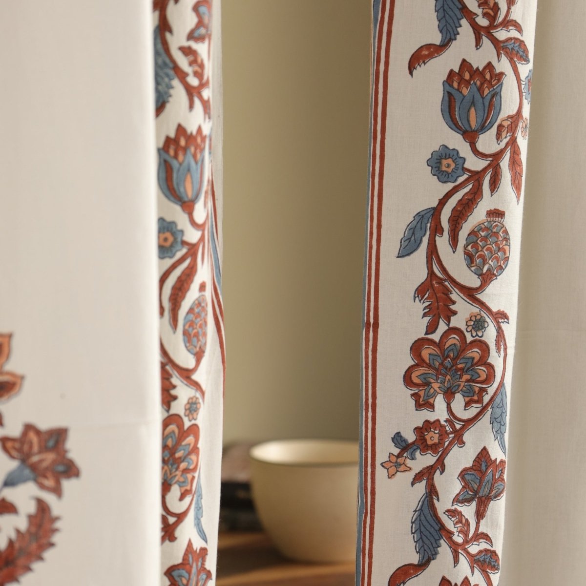 Pure Cotton Sheer Curtains hand printed in red and navy colour | Best curtains for living room