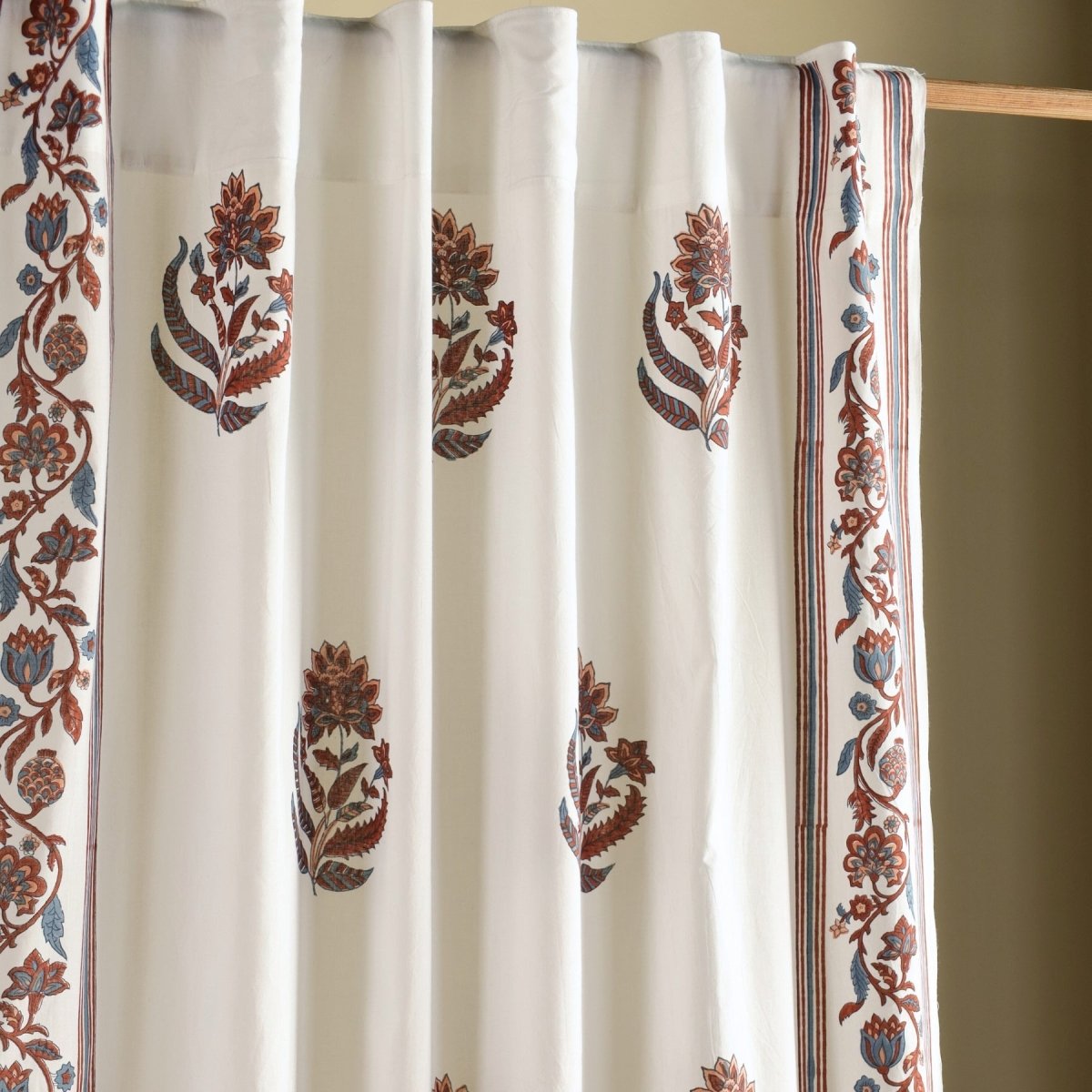 Pure Cotton Sheer Curtains hand printed in red and navy colour | Best curtains for living room