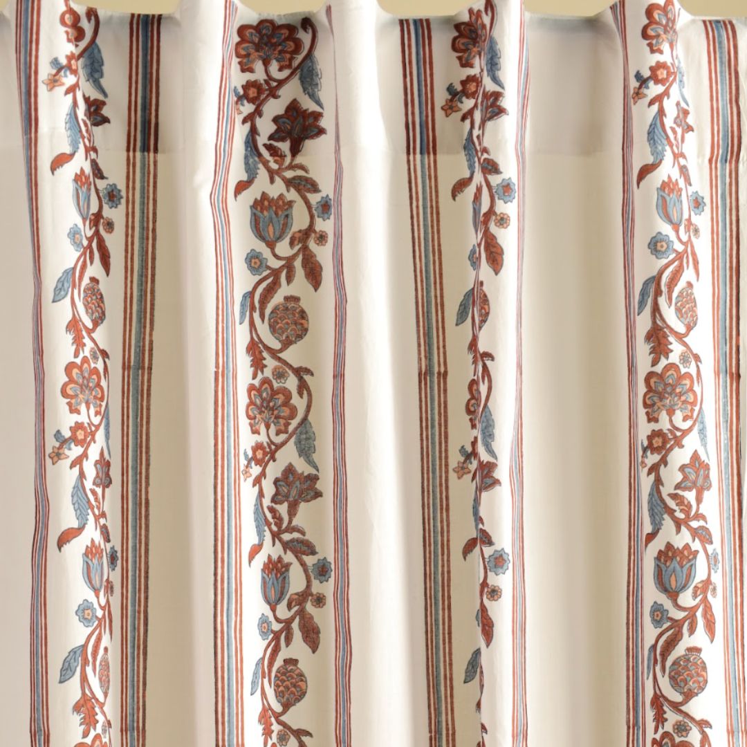 Pure Cotton Sheer Curtains hand printed in red and navy colour | Best curtains for living room