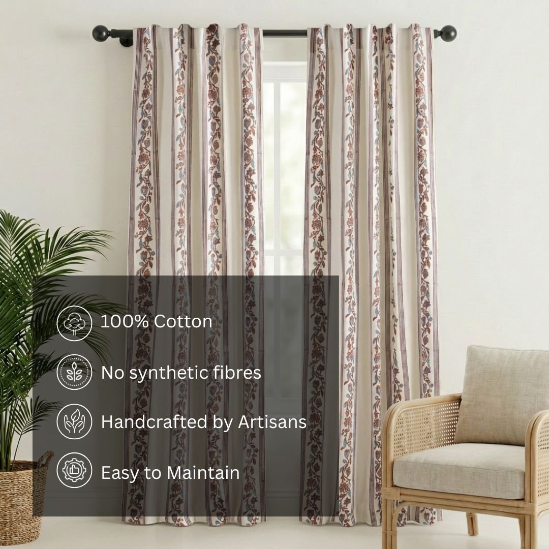 Pure Cotton Sheer Curtains hand printed in red and navy colour | Best curtains for living room