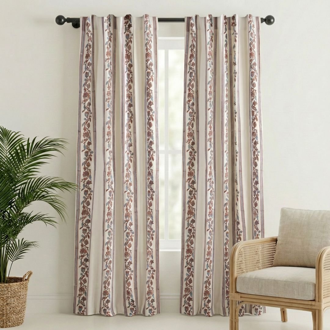 Pure Cotton Sheer Door Curtain in 7ft |Off White Brick Red and Navy | Striped Floral Pattern | Gentle Machine or Hand Wash| Chintz collection - 7Ft / Pack of 2 / Off white, Navy And Maroon
