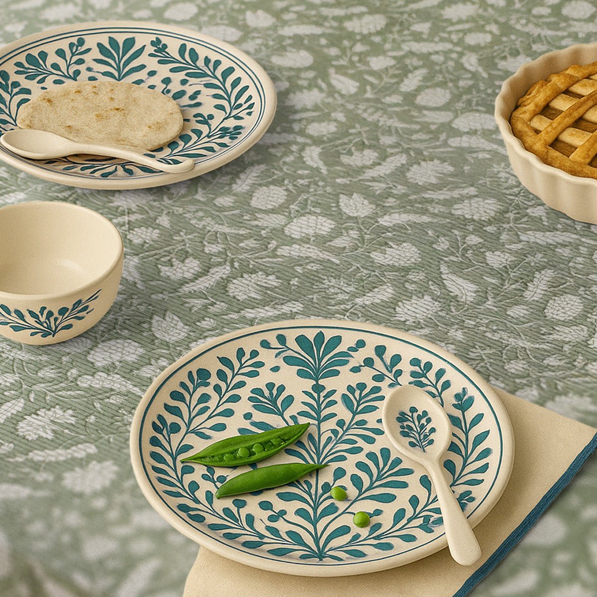 Green and Off White Cotton Floral Table Cloth | 4 seater