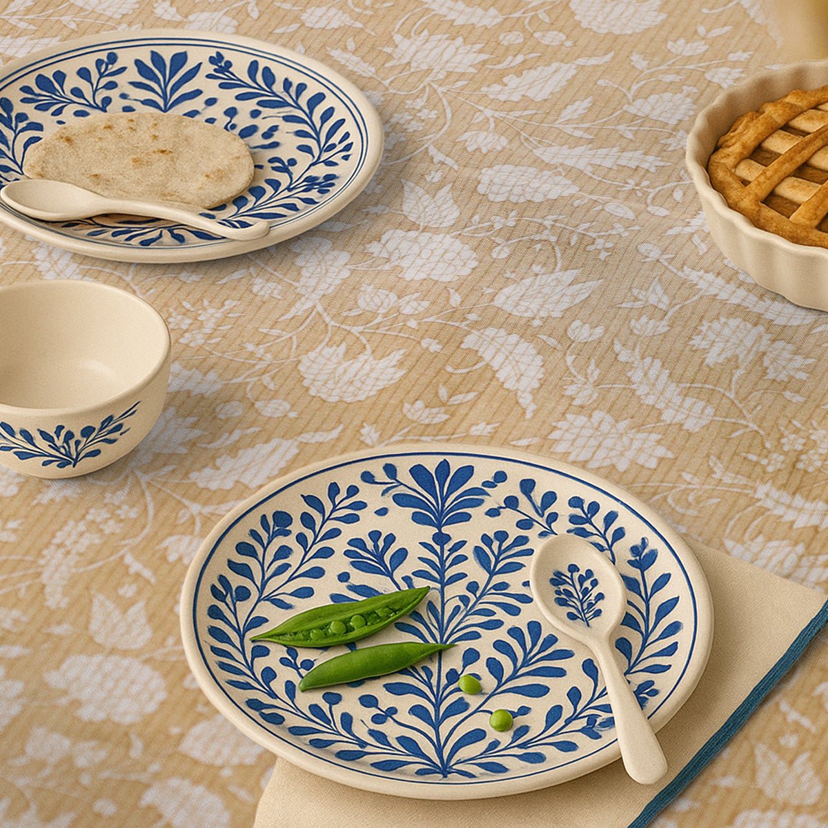 Green and Off White Cotton Floral Table Cloth | 4 seater