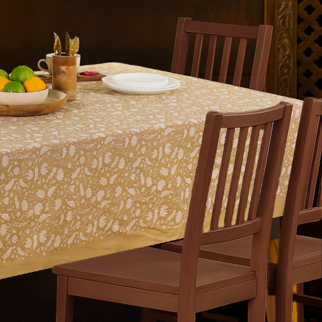 Green and Off White Cotton Floral Table Cloth | 4 seater