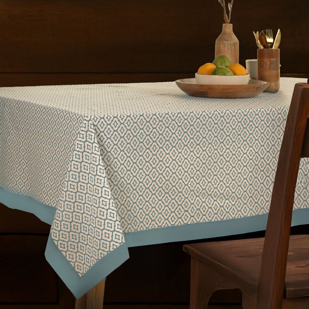 Green and Off White Cotton Floral Table Cloth | 4 seater