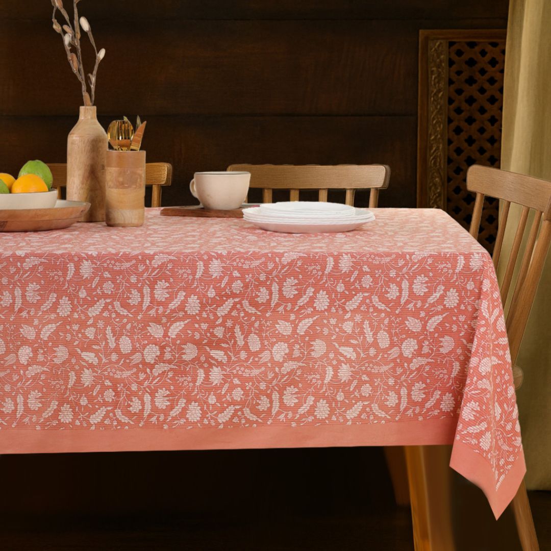 Green and Off White Cotton Floral Table Cloth | 4 seater