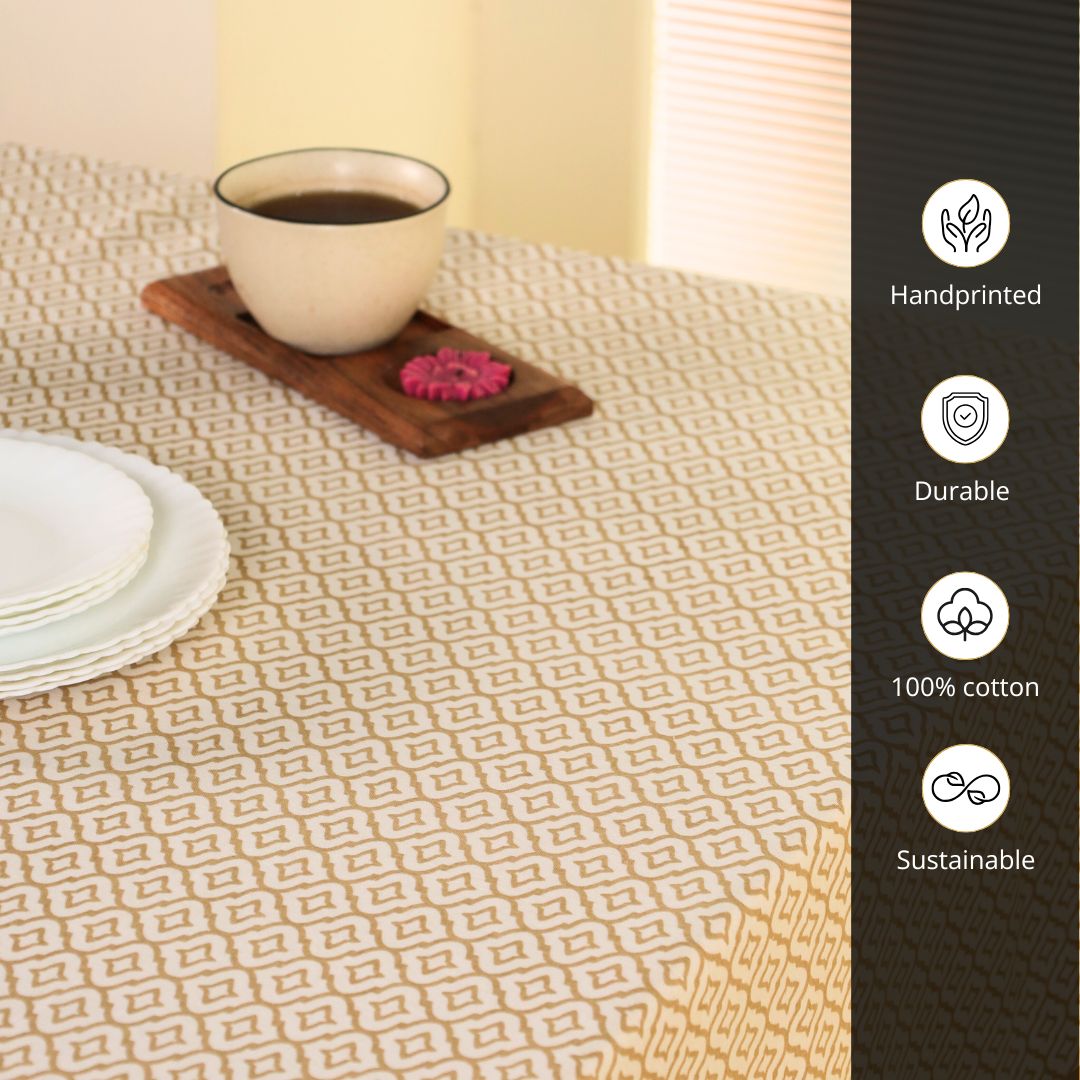 Green and Off White Cotton Floral Table Cloth | 4 seater