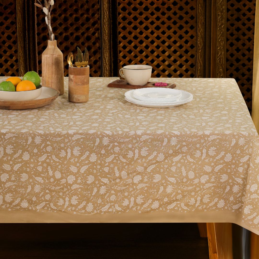 Green and Off White Cotton Floral Table Cloth | 4 seater