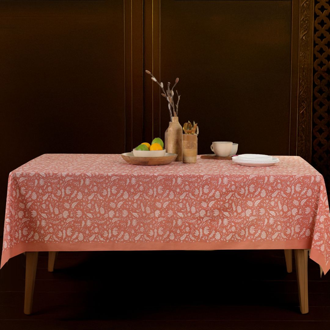 Green and Off White Cotton Floral Table Cloth | 4 seater