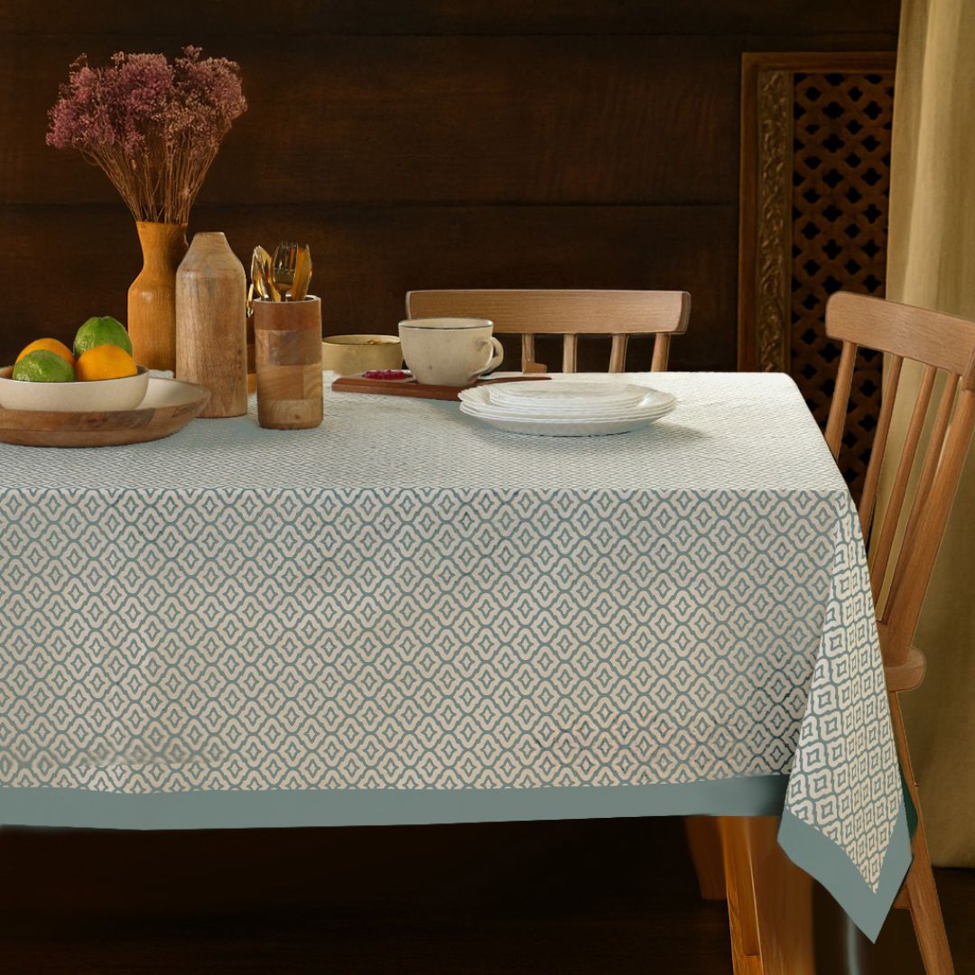 Green and Off White Cotton Floral Table Cloth | 4 seater