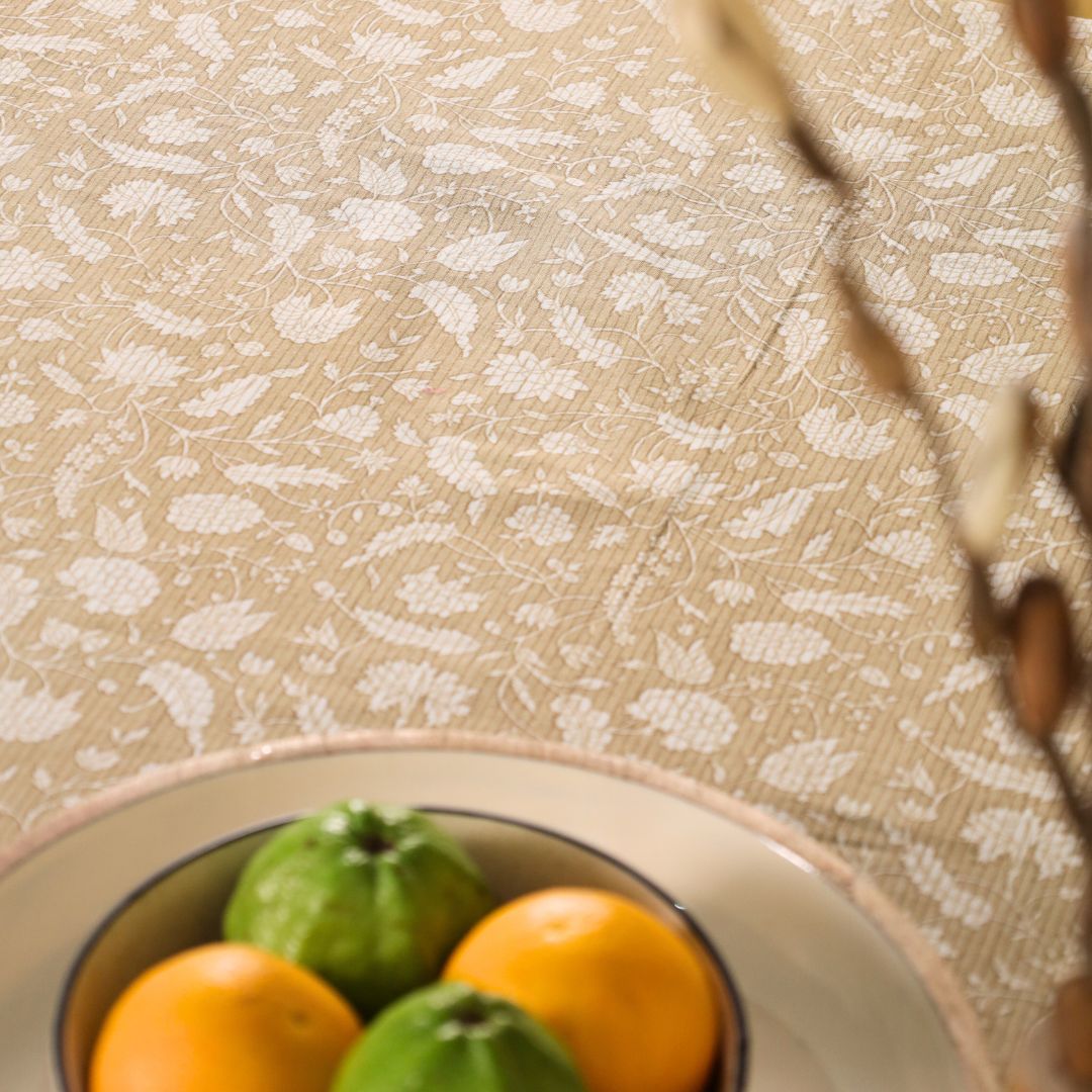 Green and Off White Cotton Floral Table Cloth | 4 seater