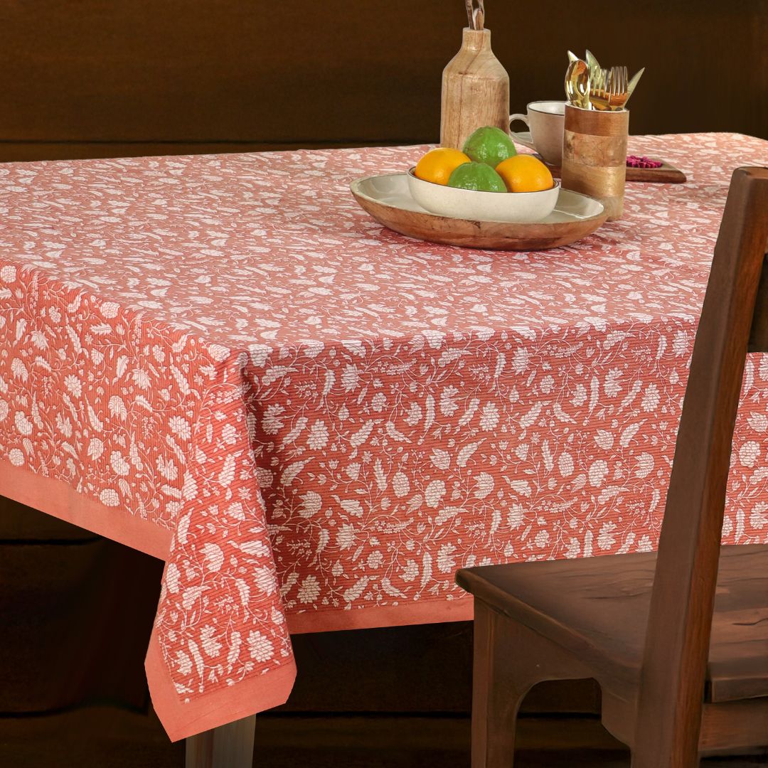 Green and Off White Cotton Floral Table Cloth | 4 seater