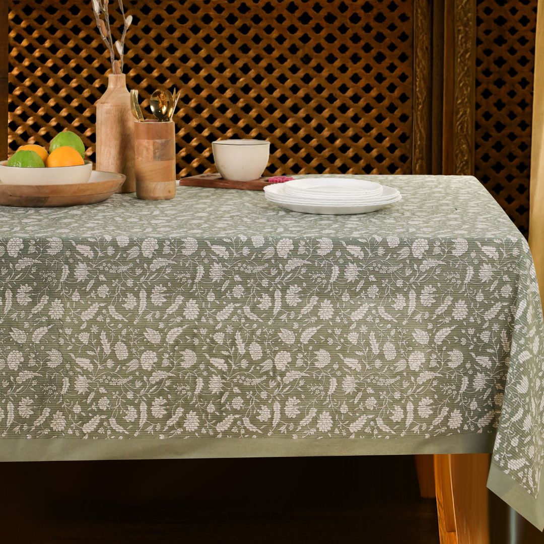 Green and Off White Cotton Floral Table Cloth | 6 seater