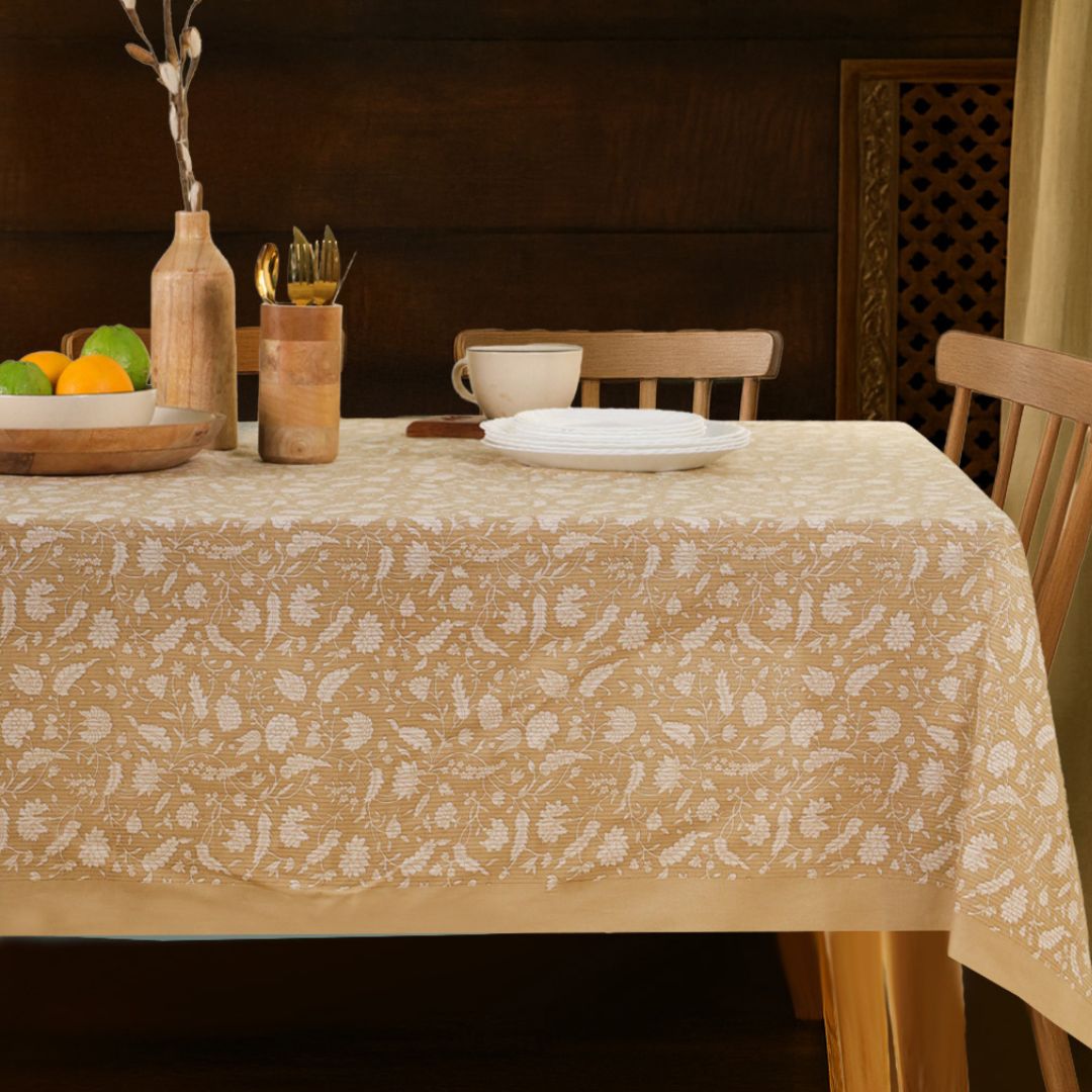 Green and Off White Cotton Floral Table Cloth | 6 seater