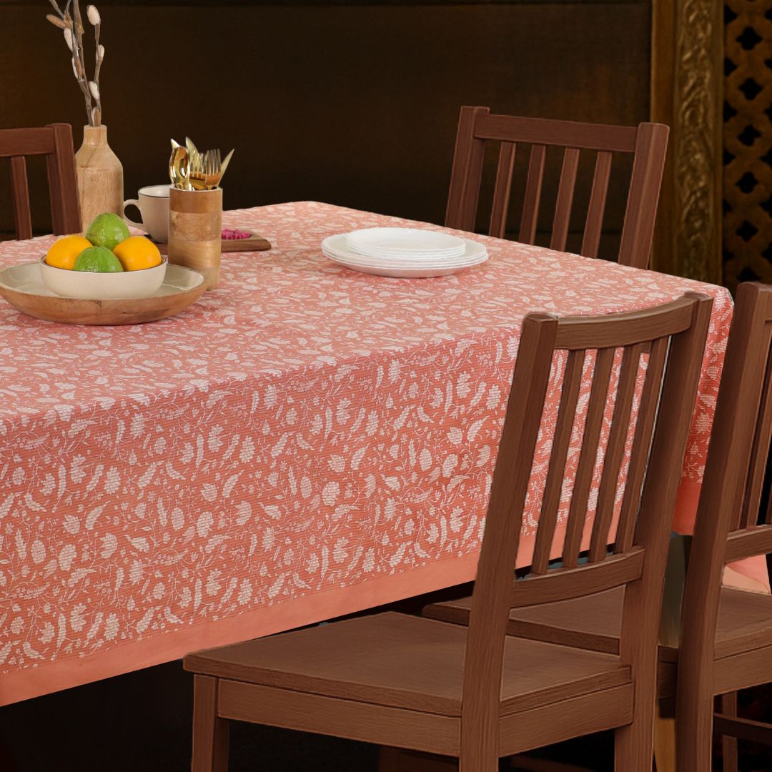 Green and Off White Cotton Floral Table Cloth | 6 seater