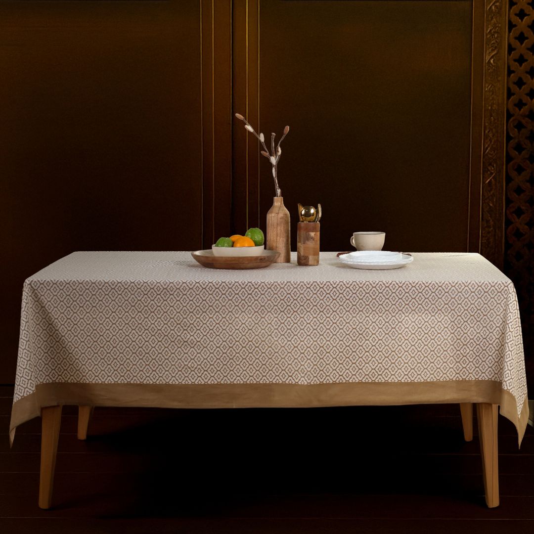 Green and Off White Cotton Floral Table Cloth | 6 seater