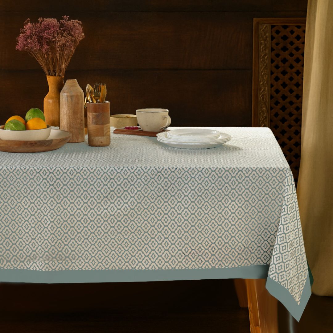 Green and Off White Cotton Floral Table Cloth | 6 seater