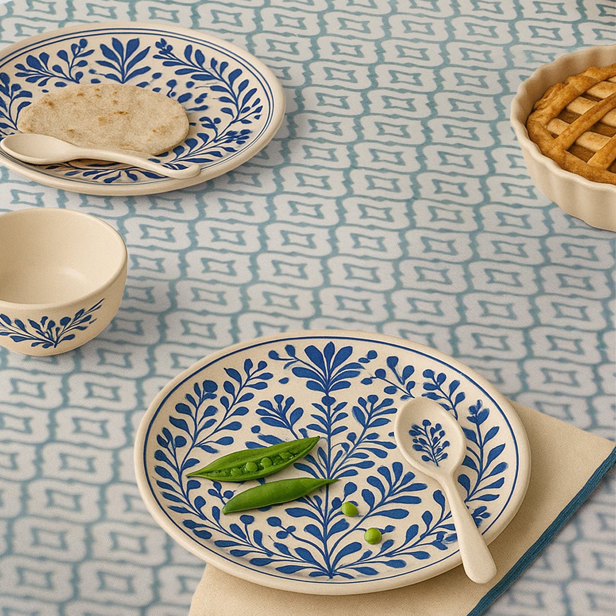 Green and Off White Cotton Floral Table Cloth | 6 seater