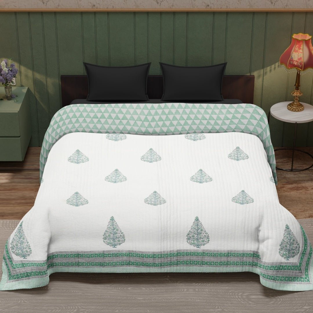 Quilted Double Bed Cover in Fine Cotton | Reversible Block Printed with Ornate Trees | Queen Size 90 x 108 inches