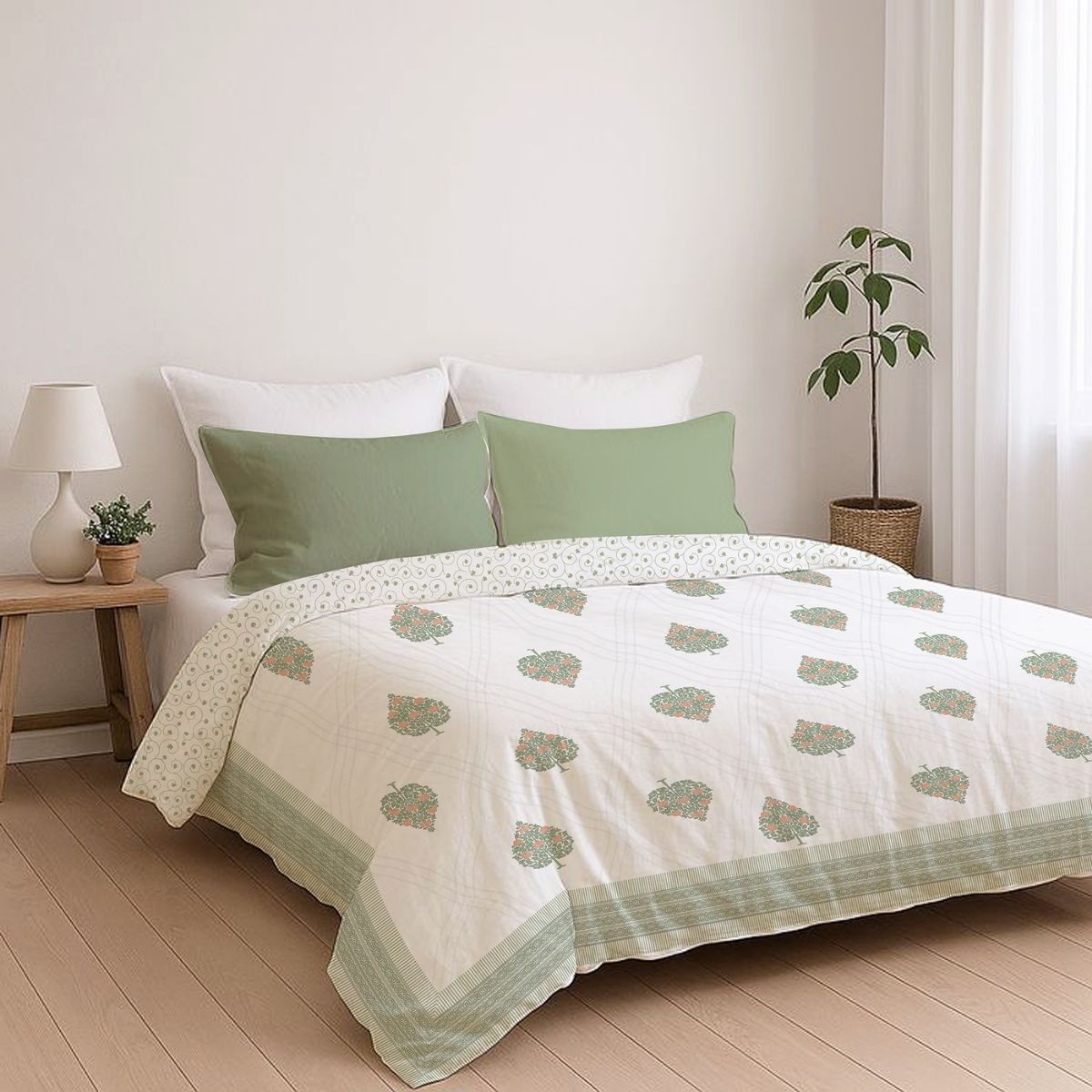 Quilted Double Bed Cover in Fine Cotton | Reversible Block Printed with Ornate Trees | Queen Size 90 x 108 inches
