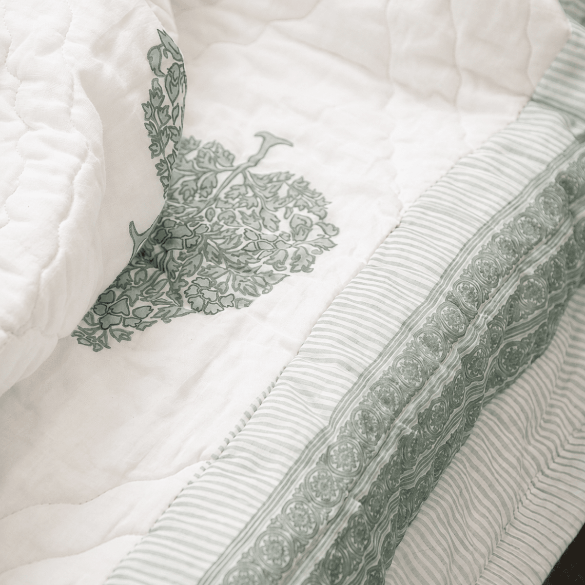 Quilted Double Bed Cover in Fine Cotton | Reversible Block Printed with Ornate Trees | Queen Size 90 x 108 inches