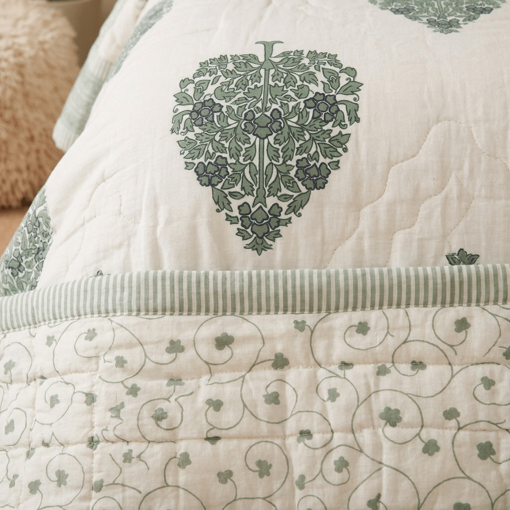Quilted Double Bed Cover in Fine Cotton | Reversible Block Printed with Ornate Trees | Queen Size 90 x 108 inches