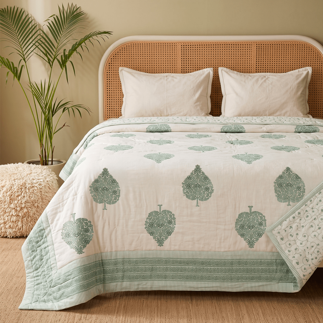 Quilted Double Bed Cover in Fine Cotton | Reversible Block Printed with Ornate Trees | Queen Size 90 x 108 inches