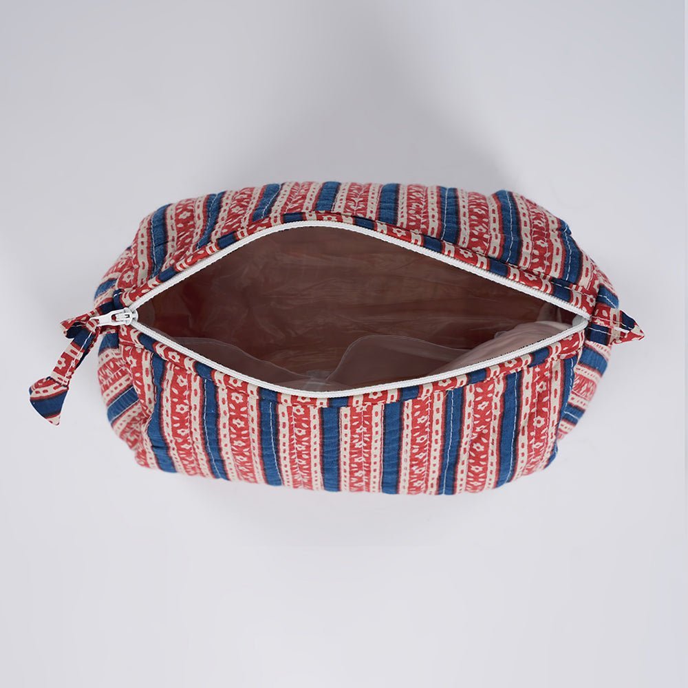 Quilted Makeup Pouch In Red and Blue in a Medium Size