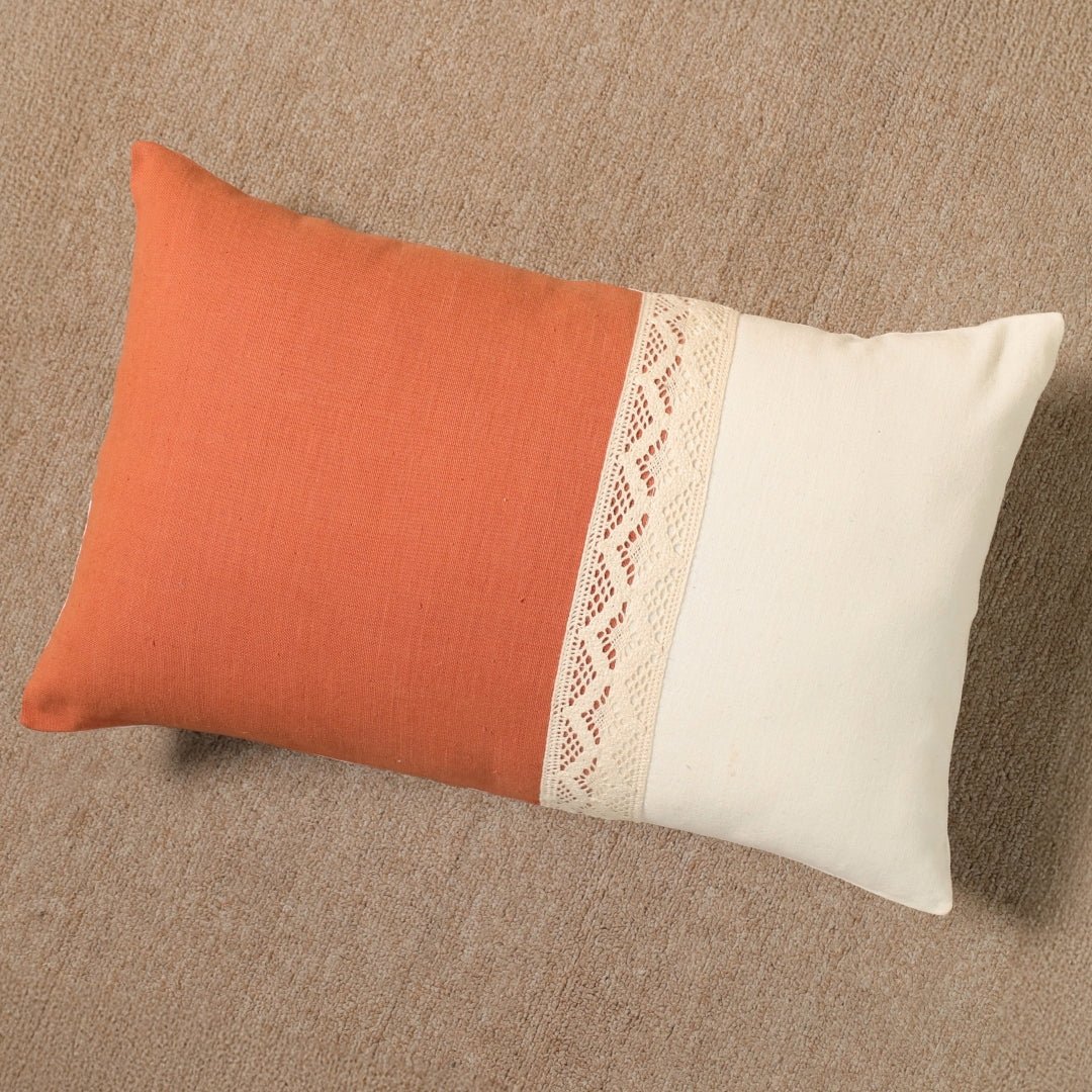 Rectangular Cushion Cover in Rust and Off White | Pure Cotton with Crochet Detailing | 12 x 18 inch | Single or Combo Pack Available