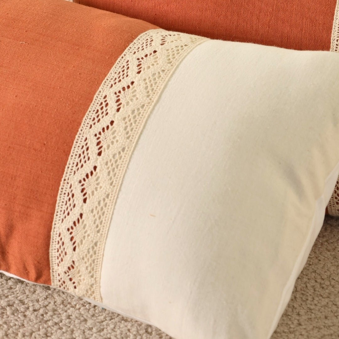 Rectangular Pure Cotton Crochet Cushion Cover in Rust and Off White | Set of 1 and 2