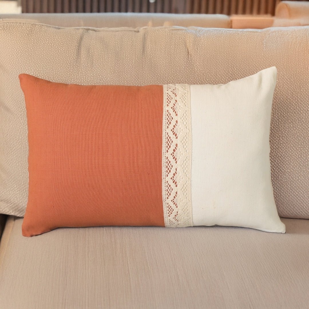 Rectangular Cushion Cover in Rust and Off White | Pure Cotton with Crochet Detailing | 12 x 18 inch | Single or Combo Pack Available