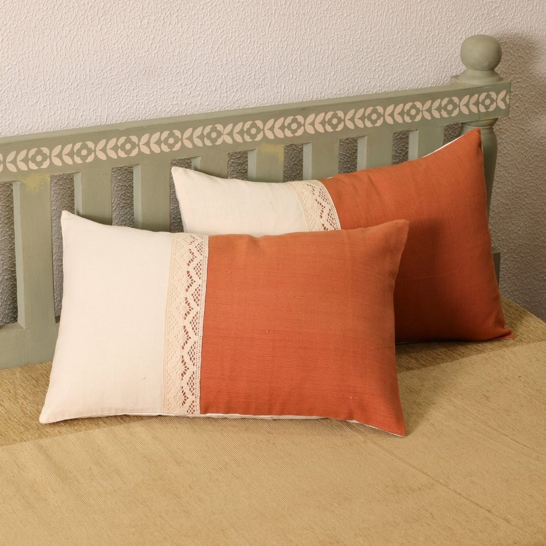Rectangular Pure Cotton Crochet Cushion Cover in Rust and Off White | Set of 1 and 2